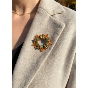Vtg 1980s Kenneth Cole Gold Tone Autumn Leaf Wreath Lapel Pin Brooch